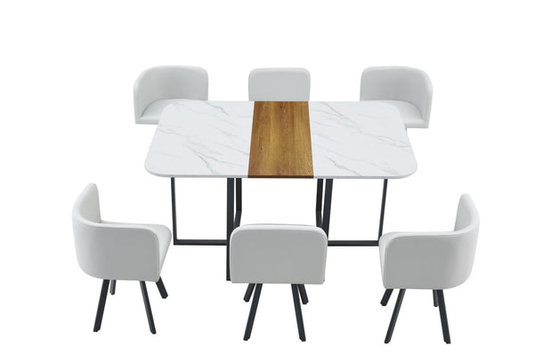 English Elm 7-piece Melamine Dining Set with Pu Cushioned Chairs and Iron Frame for Small Spaces W3875S00023