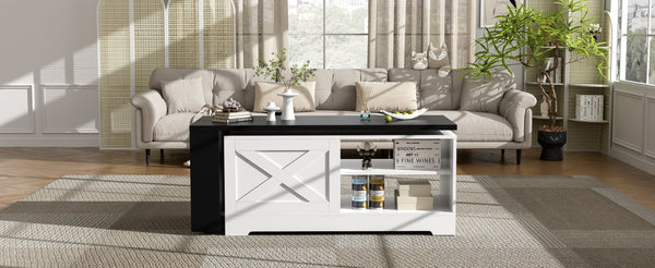 English Elm U-can Farmhouse Lift Top Coffee Table Barn Door Hidden Storage Living Room White+Black N724P351732K