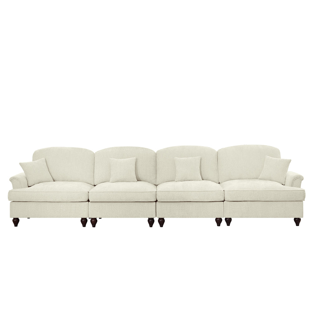 English Elm Elegant Four-Seater Chenille Sofa With Removable Ruffled Skirts, Flared Arms & Spindle Legs For Cozy Living Spaces W3041S00238