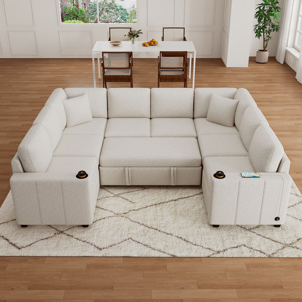 English Elm 107.1" Sectional Sofa Convertible U-Shaped Pull-Out Bed with USB Ports, Chenille, Cup Holders, Elegant Stitching Beige N719S001931A