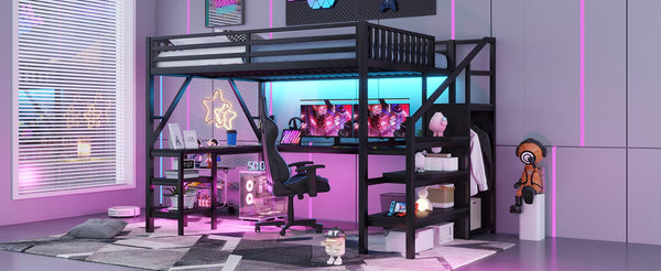 English Elm Metal Queen Loft Bed with L Shaped Desk Wardrobe Rgb Lighting and Usb Charging W2593S00065