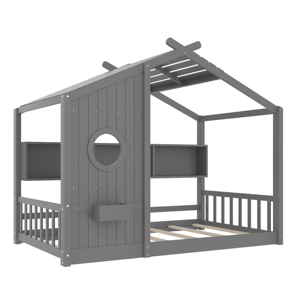 English Elm Twin House Floor Bed for Kids Montessori Playhouse with Roof, Built-In Shelf, Sturdy Pine Frame, Safeologna Gray 78.6 L x 16.6 W x 6.85 H N733P335064E