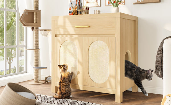English Elm Cat Litter Box Cabinet with Sisal Doors Storage Drawer and Nightstand Surface N704P379111N