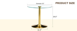 English Elm A Modern 35-Inch Tempered Glass Round Dining Table with Sleek Metal Legs, Minimalist Style for 4-6 }{@ Gold,Transparent W1151P263755