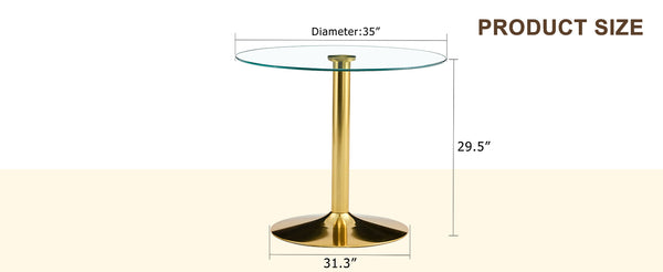 English Elm A Modern 35-Inch Tempered Glass Round Dining Table with Sleek Metal Legs, Minimalist Style for 4-6 }{@ Gold,Transparent W1151P263755