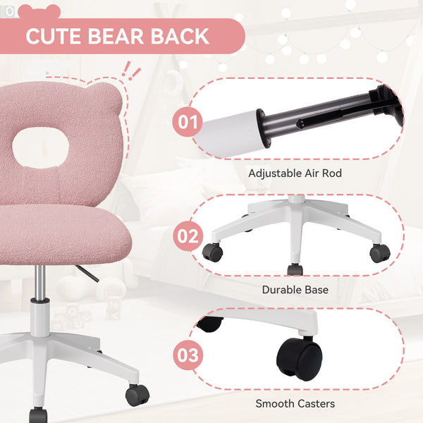 English Elm Bear Teddy Kids Desk Chair Adjustable 16"-20" Swivel Wheels Soft Teddy Fabric Study Seat Pink T3950P396238
