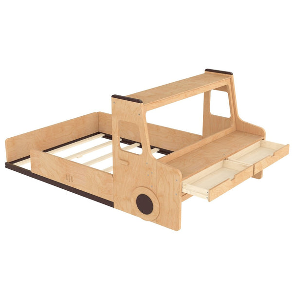 English Elm Full Size Car Shaped Kids Platform Bed with Storage Drawers Integrated Desk Pine Wood Natural W1580S00489