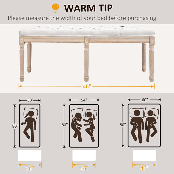 English Elm HOMCOM French Vintage 46" Tufted End of Bed Bench with Linen-Feel Cushion, Cream White Seating Charm W2225P173909