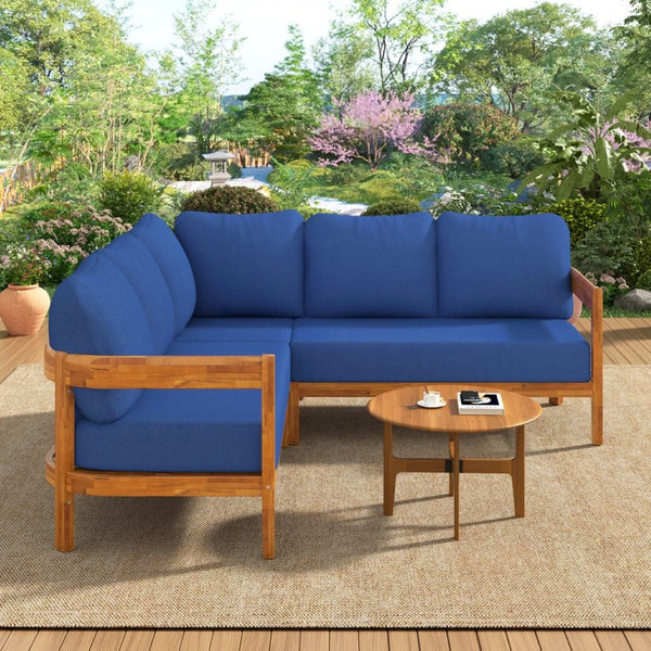 English Elm U_style Acacia Wood Outdoor L Shaped Corner Sofa Set with Arc Frame and Cushions Blue WY000481AAC