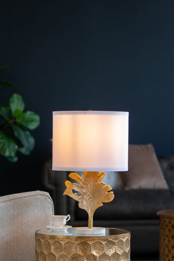 English Elm D13x22.2" Gold and White Table Lamp with Marble Pedestal and Leaf Silhouette, White Drum Shade W2078P360487