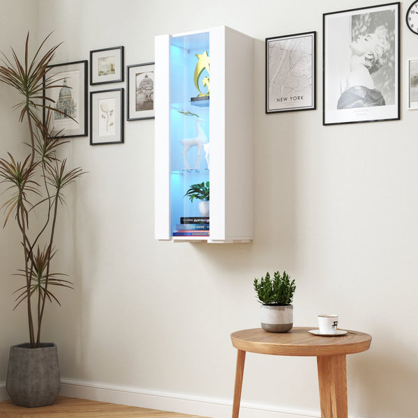 English Elm Storage Cabinet with Aluminum LED Strip Light and Glass Shelves Wall or Floor Mount Space-Saver W331P251042