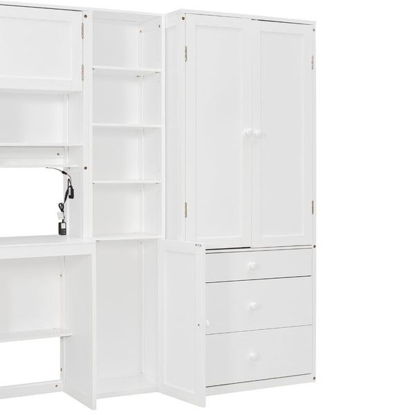 English Elm Wooden Twin Loft Bed with Built-in Desk Wardrobe Storage Drawers and Led Lighting N820S00069K