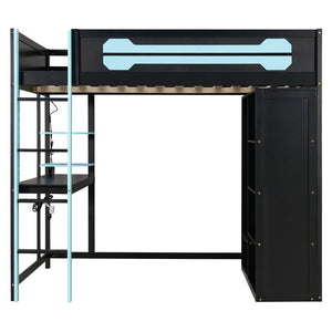 English Elm Full Size Gaming Loft Bed with Rgb Lighting Integrated Desk and Open Wardrobe Blue N820S00073C