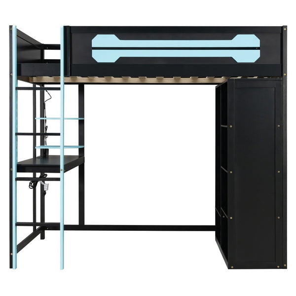 English Elm Full Size Gaming Loft Bed with Rgb Lighting Integrated Desk and Open Wardrobe Blue N820S00073C