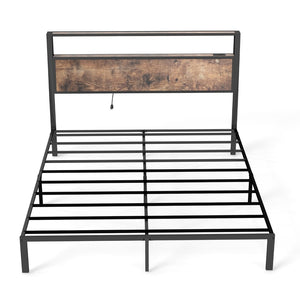 English Elm Full Metal Bed Frame with Rgb Led Headboard Shelving and Built-in Charging Ports Brown T3963P483793