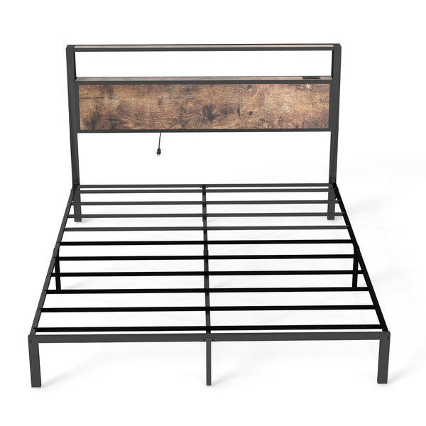 English Elm Queen Metal Platform Bed with Rgb Led Headboard Charging Station and Underbed Storage Brown T3963P483788