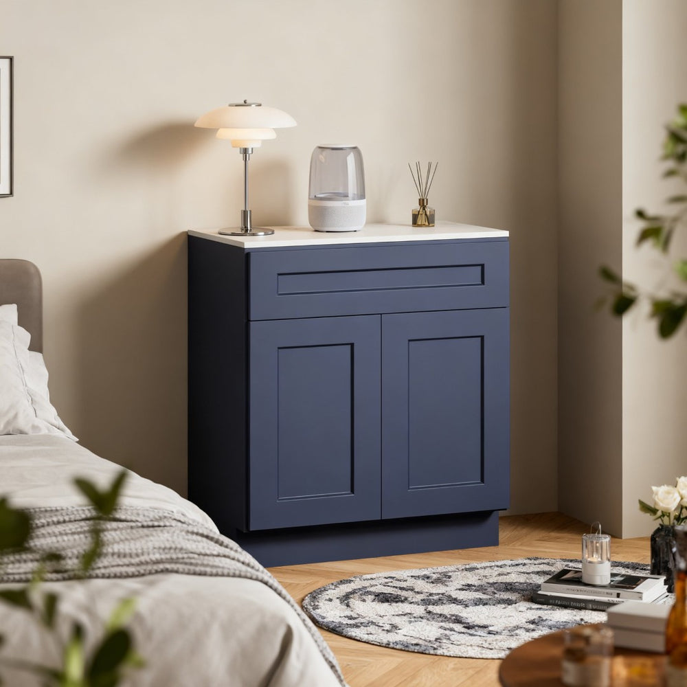 English Elm 27" Solid Wood Shaker Base Cabinet Navy Finish Soft Close Drawer Kitchen Bath Storage T2950P479980