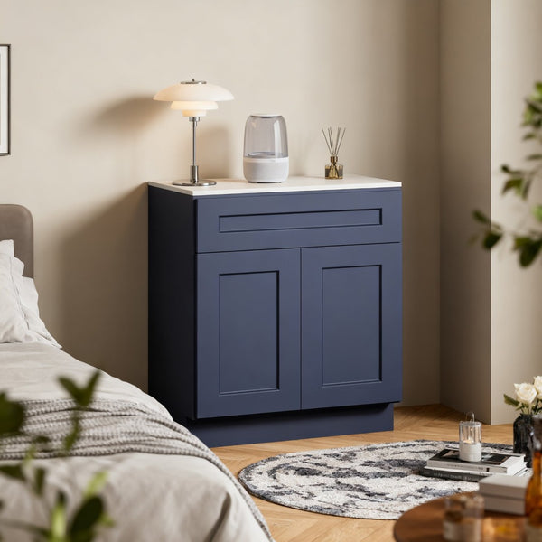 English Elm 27" Solid Wood Shaker Base Cabinet Navy Finish Soft Close Drawer Kitchen Bath Storage T2950P479980