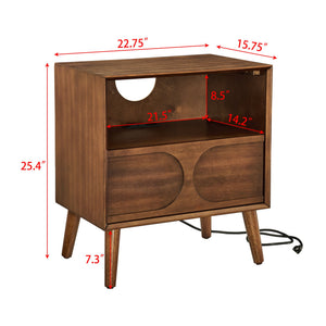 English Elm Mid Century Modern fluted nightstand with USB ports, dual outlets, drawer & open shelf, walnut finish W1801P288512