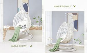English Elm 76.8-inch Hand Woven Rattan Egg Swing Chair Indoor Outdoor with Cushion Lumbar Pillow White W1512P498593