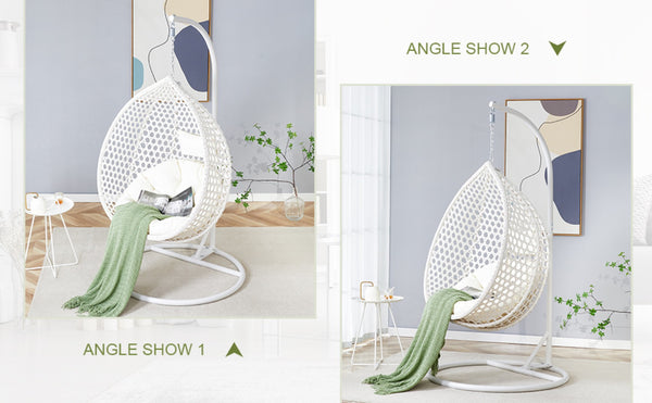 English Elm 76.8-inch Hand Woven Rattan Egg Swing Chair Indoor Outdoor with Cushion Lumbar Pillow White W1512P498593