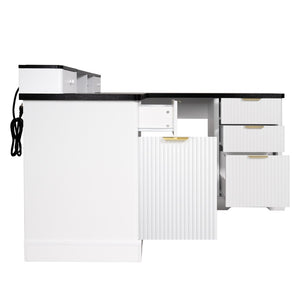 English Elm 59" Fluted Oak L-shaped Corner Desk with Charging Station Monitor Stand and File Storage White W2917S00004