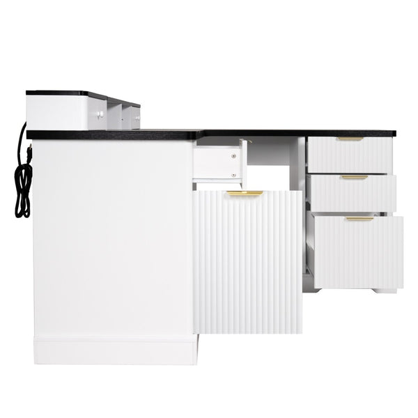English Elm 59" Fluted Oak L-shaped Corner Desk with Charging Station Monitor Stand and File Storage White W2917S00004