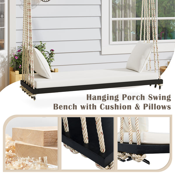 English Elm TOPMAX Acacia Wood Patio Swing Chair with Cushion & Pillows, 63" Comfortable Seat, 400lb Capacity Black N717P210136B