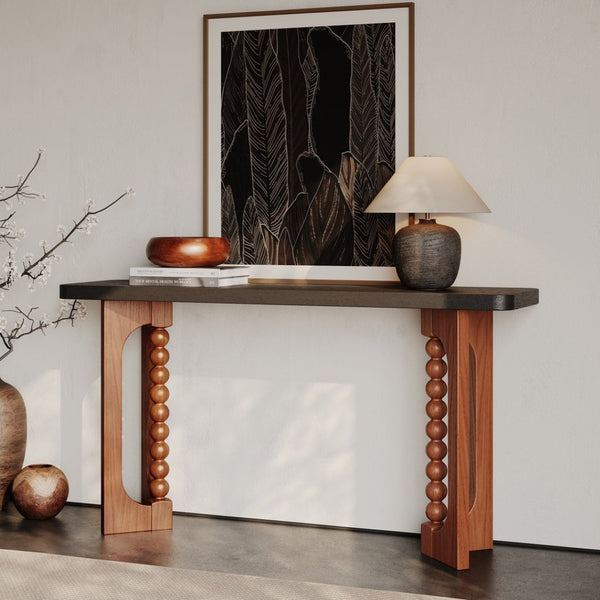 English Elm 59'' Farmhouse Wood Console Table Sculptural Beaded Base Sofa Entryway Accent W2263P426704