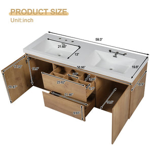 English Elm [video]59.3 Inch Wall Mounted Double Sink Vanity Wood Grain Mdf Soft Close Storage N729P000026N