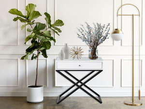 English Elm Dario Contemporary End Table with Tempered Glass Top Open Shelf and Storage Drawer White B2749P413399