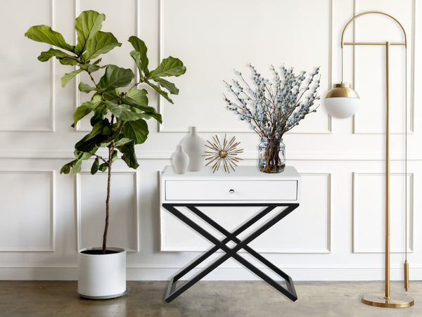 English Elm Dario Contemporary End Table with Tempered Glass Top Open Shelf and Storage Drawer White B2749P413399