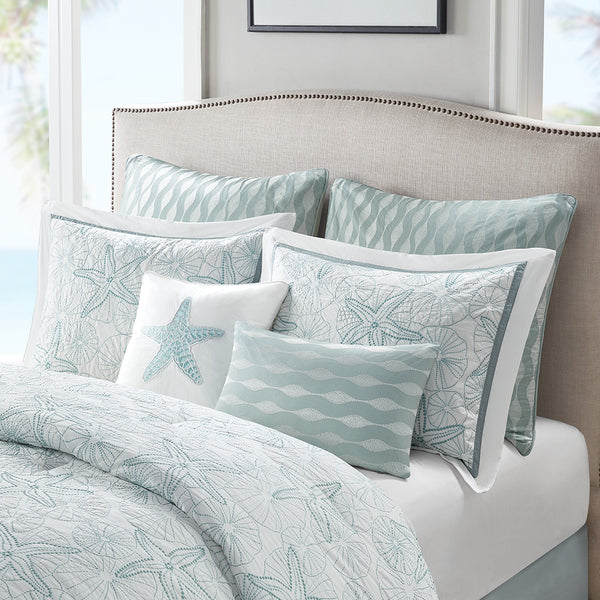 JLA Home Harbor House Blue - Comforter Harbor House Maya Bay in Dark Seafoam Blue with Embroidered Seashells, OEKO-TEX Softness 96 L x 92 W x 1.5H HH10-1223