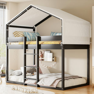 English Elm Twin Over Kids Bunk Bed with Tent Canopy Farmhouse Pinewood Playroom Frame Espresso N708P248523P