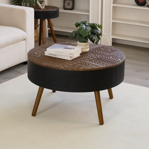 English Elm 31.5-inch Round Carved Wood Coffee Table Vintage Distressed Finish Living Room Accent W3935P406032