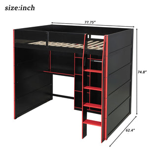 English Elm Full Size Loft Bed with Rgb Lighting Desk Open Wardrobe and Storage for Gaming Rooms Red LT000277AAR