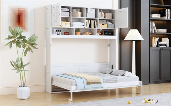 English Elm Queen Size Elegant Wall-Mounted Murphy Bed With Stylish Storage & Diamond Stripe Design, White N820S00062K-GIGA