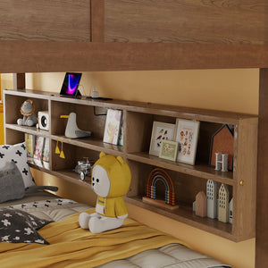 English Elm Queen Over Queen Floor Bunk Bed with Built-In Storage Shelves, USB Charging Station, Solid Pine Frame, Safety Rails and LadderDesigned for Space Saving and Modern Bedrooms Wheat W504S00259