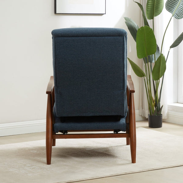 English Elm Tustin Mid-century Push Back Recliner with Chestnut Wood Arms and Performance Fabric Blue B050P429144