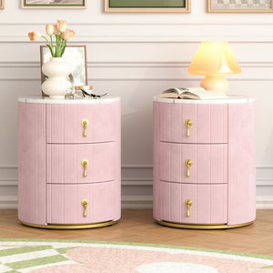 English Elm 2 Upholstered Nightstand Set with 3 Drawers, Round Velvet Bedside Table, Marble Top & Metal Handles Pink 24 L x 19.5 W x 18.89 H N733S272609H