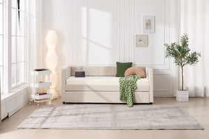 English Elm Twin Velvet Upholstered Daybed with Trundle, V-Pattern Backrest, USB Port, Side Pockets, Sturdy Design Beige W1361S00041