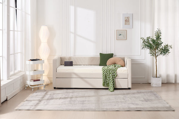 English Elm Twin Velvet Upholstered Daybed with Trundle, V-Pattern Backrest, USB Port, Side Pockets, Sturdy Design Beige W1361S00041