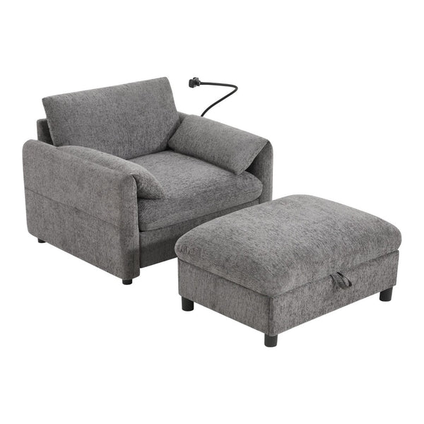 English Elm 38" Chenille Chaise Lounge with Storage Ottoman Usb Charging and Armrest Pockets N723P303462E