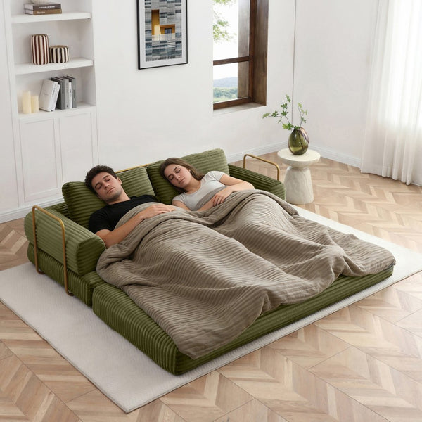 English Elm Convertible Floor Sofa Futon with Corduroy Upholstery for Living Room Lounging and Sleeping Green W1117P434729