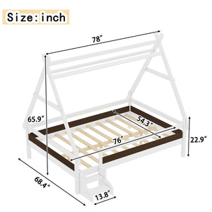 English Elm Twin House Shaped Platform Bed Solid Pine Frame with Built in Stairs for Kids Light White W1580P354720