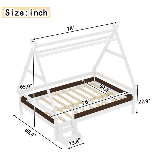 English Elm Twin House Shaped Platform Bed Solid Pine Frame with Built in Stairs for Kids Light White W1580P354720