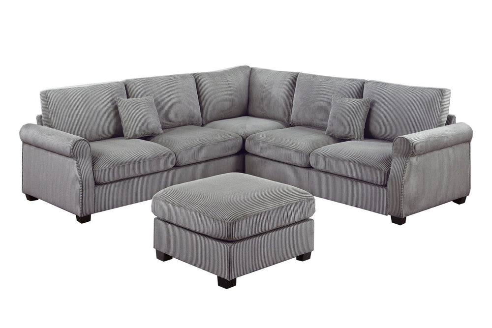 English Elm 4pc Corduroy Sectional Sofa Set with Ottoman Corner Wedge and Low-profile Modern Legs Fog B011S02224