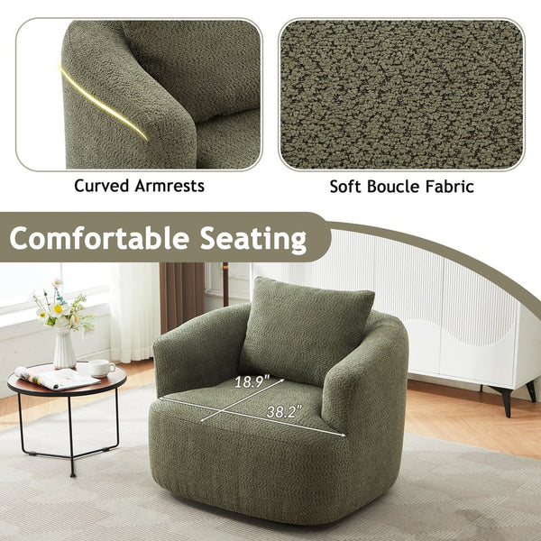 English Elm 360° Swivel Chair with Boucle Upholstery, Deep Pocket-Spring Seat, Ergonomic Curved Arms & Minimalist Design for Living Room Comfort Green N719P288552F