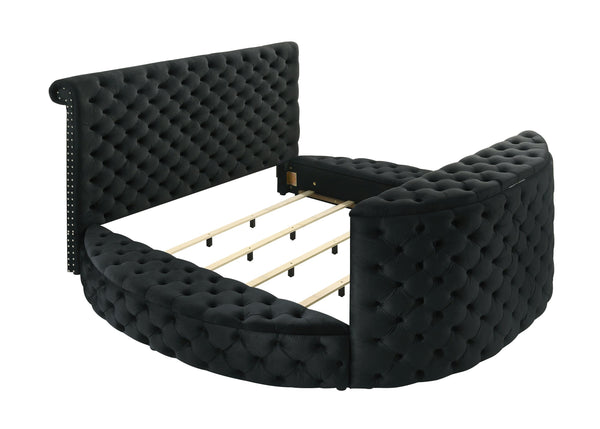 English Elm Luxurious King Size Bed Set With Tufted Black Velvet, Tv Lift, Electric Fireplace & Nightstands B2741S00121