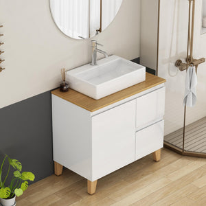 English Elm 31.5-inch Bathroom Vanity Solid Wood Top Ceramic Basin Soft Close Glossy White W3151S00070